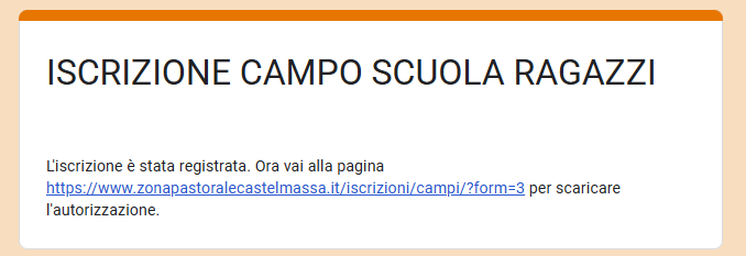 Messaggio di conferma invio del modulo digitale di iscrizione