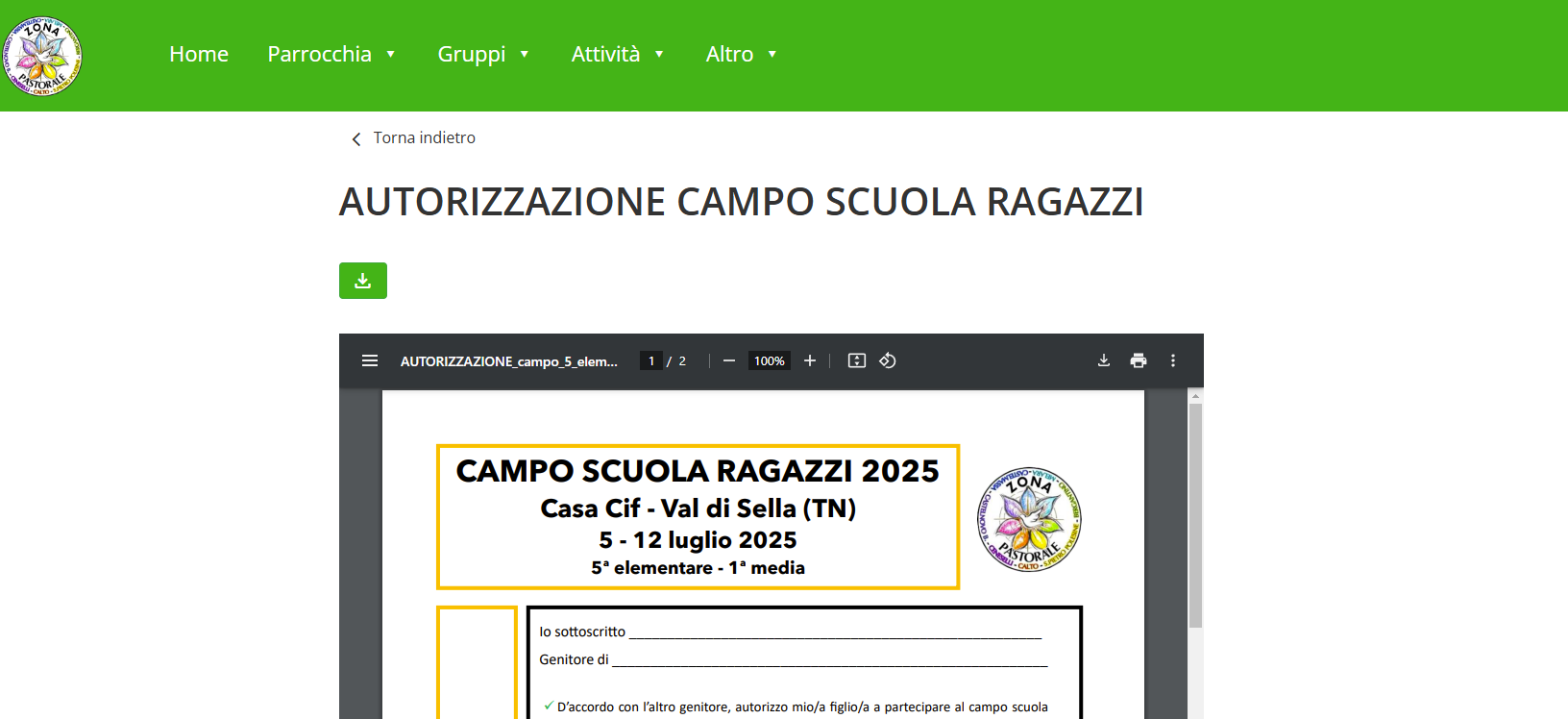 Download del modulo di autorizzazione